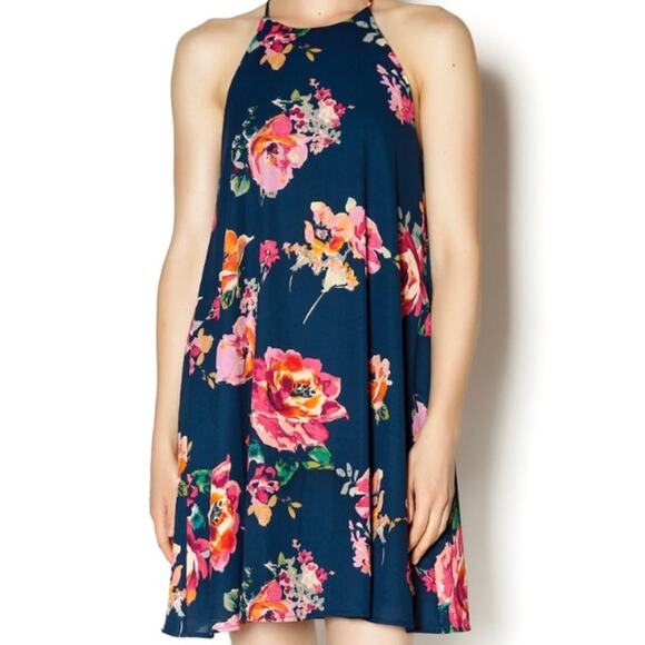 Everly Navy Floral Halter Dress Small Sleeveless A-Line Summer Wedding Guest - Picture 1 of 5